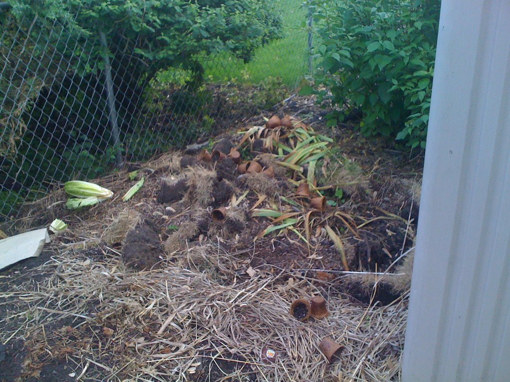 Pile of yard waste — broken pots, dried plants, and landscape debris